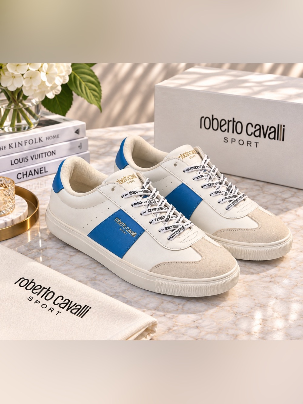 Roberto Cavalli Sport Sneakers White Blue Leather Suede Men’s EU 44 US 9.5